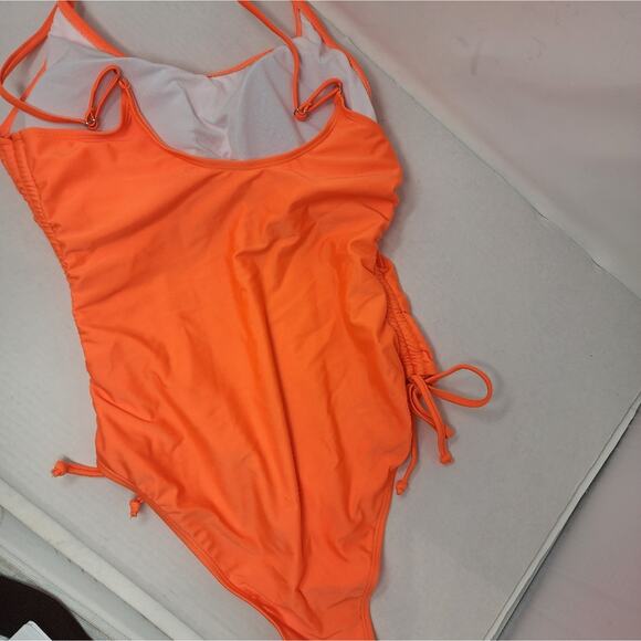 New Neon Orange Swimsuit One Piece Bathing suit Modest Tank Cinched 325 Size L - Picture 6 of 9